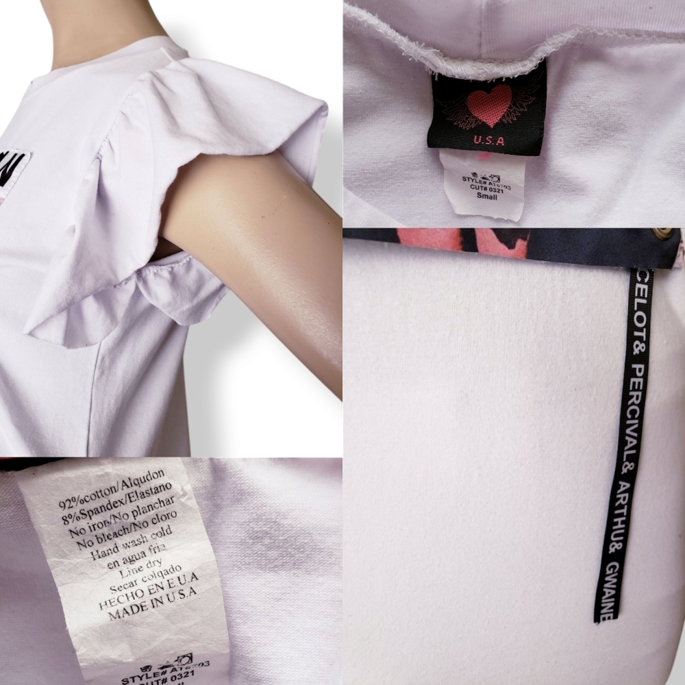 White Graphic Print Ribbon Tee with Ruffle Flutter Sleeves - Picture 7 of 8